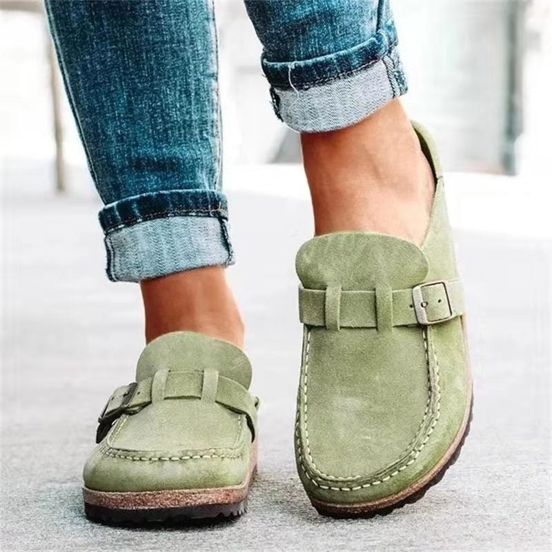 Women's Retro Suede Buckle Clog Mules Slip-On Flat Arch Support Casual Everyday Shoes – Marley - Lolly 