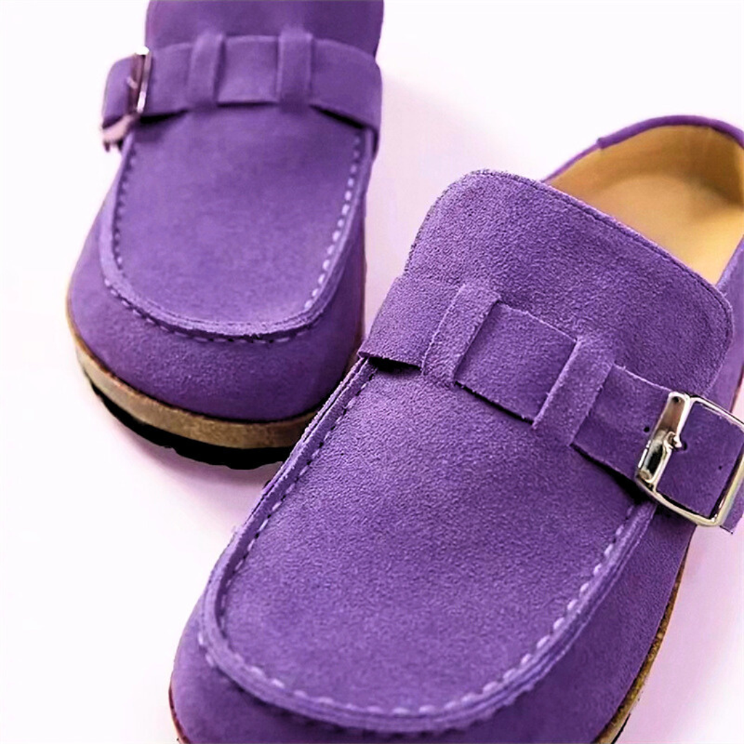 Women's Retro Suede Buckle Clog Mules Slip-On Flat Arch Support Casual Everyday Shoes – Marley - Lolly 