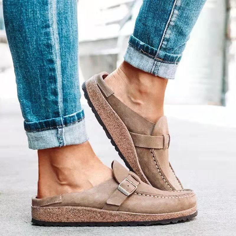 Women's Retro Suede Buckle Clog Mules Slip-On Flat Arch Support Casual Everyday Shoes – Marley - Lolly 