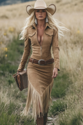 Women's Retro Western Cowgirl Midi Dress Lapel Zipper Tassel Detail Casual Vintage – Camel - Lolly 
