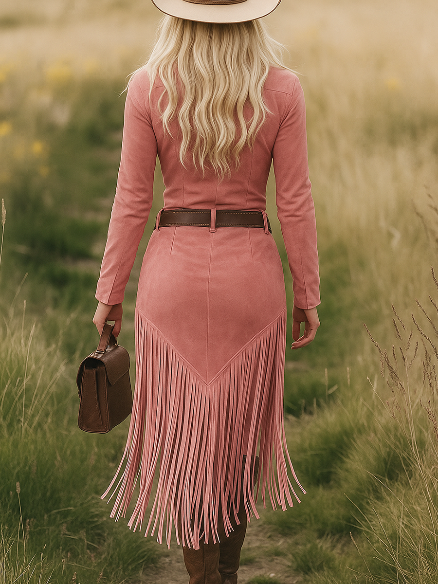 Women's Retro Western Suede Fringe Tassel Midi Dress Long Sleeve Lapel Zipper Belted Slim Cowgirl Party Festival – Tan - Lolly 