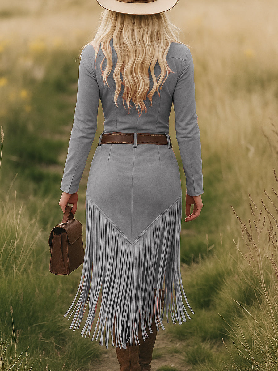 Women's Retro Western Suede Fringe Tassel Midi Dress Long Sleeve Lapel Zipper Belted Slim Cowgirl Party Festival – Tan - Lolly 