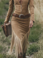 Women's Retro Western Suede Fringe Tassel Midi Dress Long Sleeve Lapel Zipper Belted Slim Cowgirl Party Festival – Tan - Lolly 