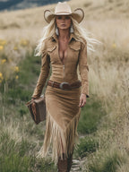 Women's Retro Western Suede Fringe Tassel Midi Dress Long Sleeve Lapel Zipper Belted Slim Cowgirl Party Festival – Tan - Lolly 