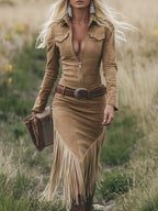 Women's Retro Western Suede Fringe Tassel Midi Dress Long Sleeve Lapel Zipper Belted Slim Cowgirl Party Festival – Tan - Lolly 