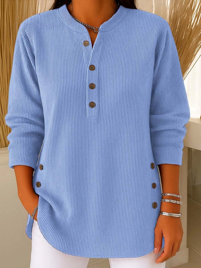 Women's Ribbed Knit Henley Sweater Long Sleeve Button Detail Casual Pullover - Lolly 