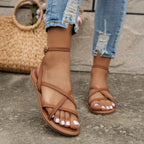 Women's Roman Strappy Flat Sandals Crossover Ankle Zip Casual Summer Beach Vacation Everyday Boho – Tan Brown Black - Lolly 