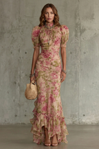 Women's Romantic Floral Puff Sleeve Long Dress High Neck Fitted Bodice Vintage Inspired Formal Wedding Guest Garden Party Evening Gala – Roselique - Lolly 