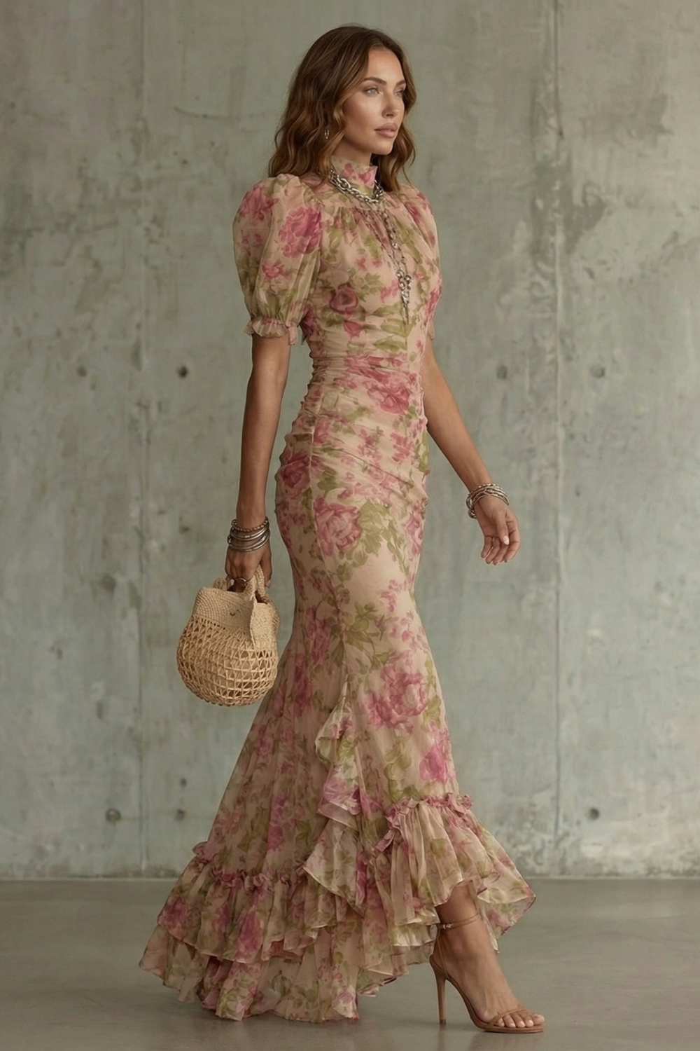 vintage inspired formal dresses Women's Romantic Floral Puff Sleeve Long Dress High Neck Fitted Bodice – Lolly