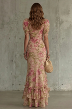 Women's Romantic Floral Puff Sleeve Long Dress High Neck Fitted Bodice Vintage Inspired Formal Wedding Guest Garden Party Evening Gala – Roselique - Lolly 