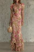 Women's Romantic Floral Puff Sleeve Long Dress High Neck Fitted Bodice Vintage Inspired Formal Wedding Guest Garden Party Evening Gala – Roselique - Lolly 