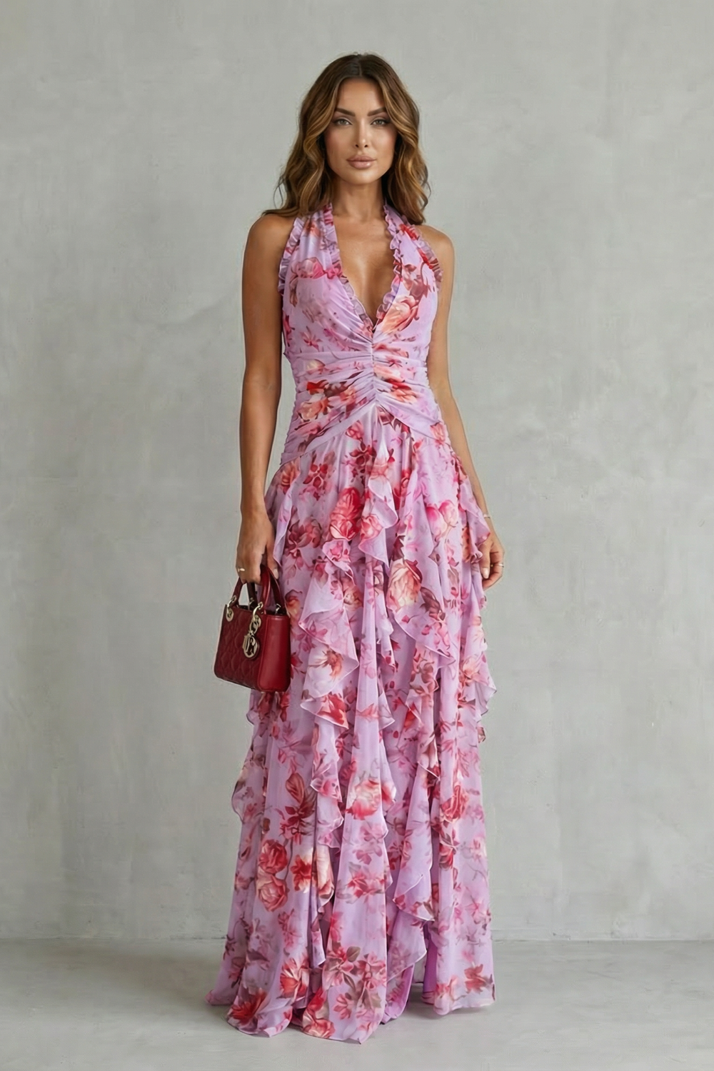 Women's Romantic Rose Print Halter Neck Maxi Dress Deep V Ruched Waist Cascading Tiered Skirt Formal Wedding Guest Garden Party Evening Gala – Belladina - Lolly 