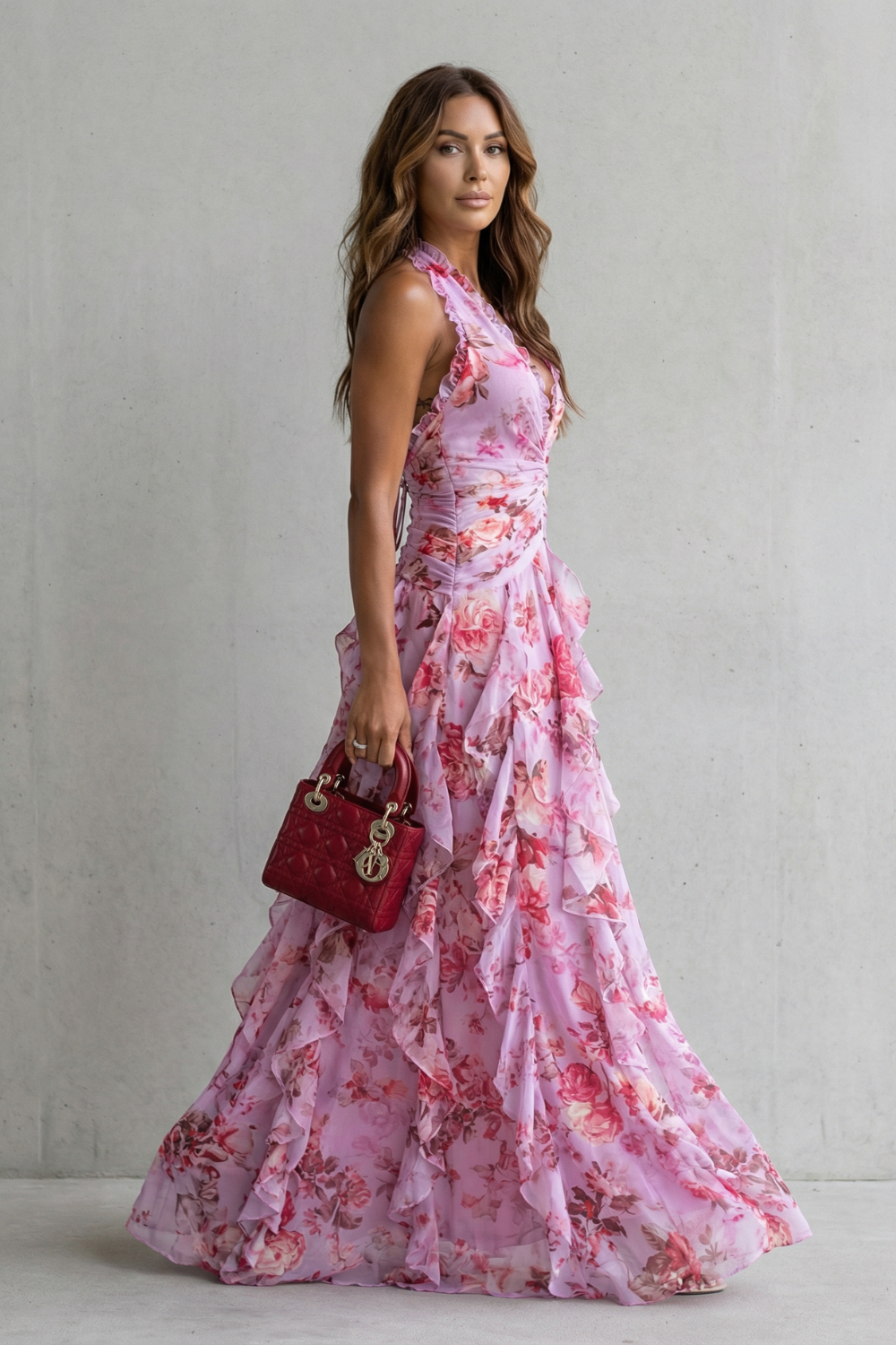 Women's Romantic Rose Print Halter Neck Maxi Dress Deep V Ruched Waist Cascading Tiered Skirt Formal Wedding Guest Garden Party Evening Gala – Belladina - Lolly 