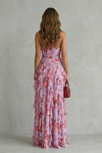 Women's Romantic Rose Print Halter Neck Maxi Dress Deep V Ruched Waist Cascading Tiered Skirt Formal Wedding Guest Garden Party Evening Gala – Belladina - Lolly 