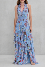 Women's Romantic Rose Print Halter Neck Maxi Dress Deep V Ruched Waist Cascading Tiered Skirt Formal Wedding Guest Garden Party Evening Gala – Belladina - Lolly 