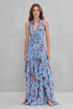 Women's Romantic Rose Print Halter Neck Maxi Dress Deep V Ruched Waist Cascading Tiered Skirt Formal Wedding Guest Garden Party Evening Gala – Belladina - Lolly 