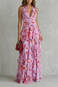 Women's Romantic Rose Print Halter Neck Maxi Dress Deep V Ruched Waist Cascading Tiered Skirt Formal Wedding Guest Garden Party Evening Gala – Belladina - Lolly 