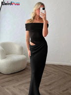 Women's Ruched Irregular Off-Shoulder Short Sleeve Slim Fit Long Dress Patchwork Slash Neck Casual Party Evening Formal Wedding Guest – Solène - Lolly 