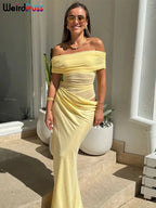 Women's Ruched Irregular Off-Shoulder Short Sleeve Slim Fit Long Dress Patchwork Slash Neck Casual Party Evening Formal Wedding Guest – Solène - Lolly 