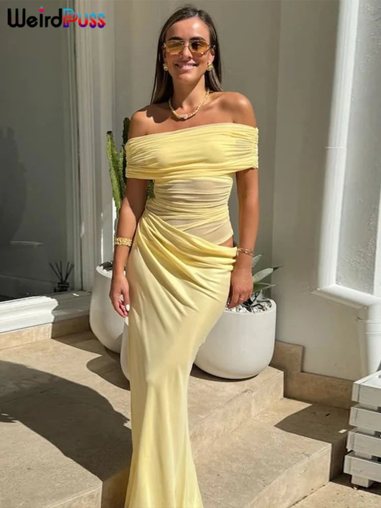 Women's Ruched Irregular Off-Shoulder Short Sleeve Slim Fit Long Dress Patchwork Slash Neck Casual Party Evening Formal Wedding Guest – Solène - Lolly 
