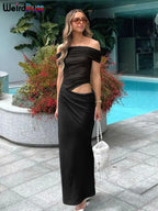 Women's Ruched Irregular Off-Shoulder Short Sleeve Slim Fit Long Dress Patchwork Slash Neck Casual Party Evening Formal Wedding Guest – Solène - Lolly 