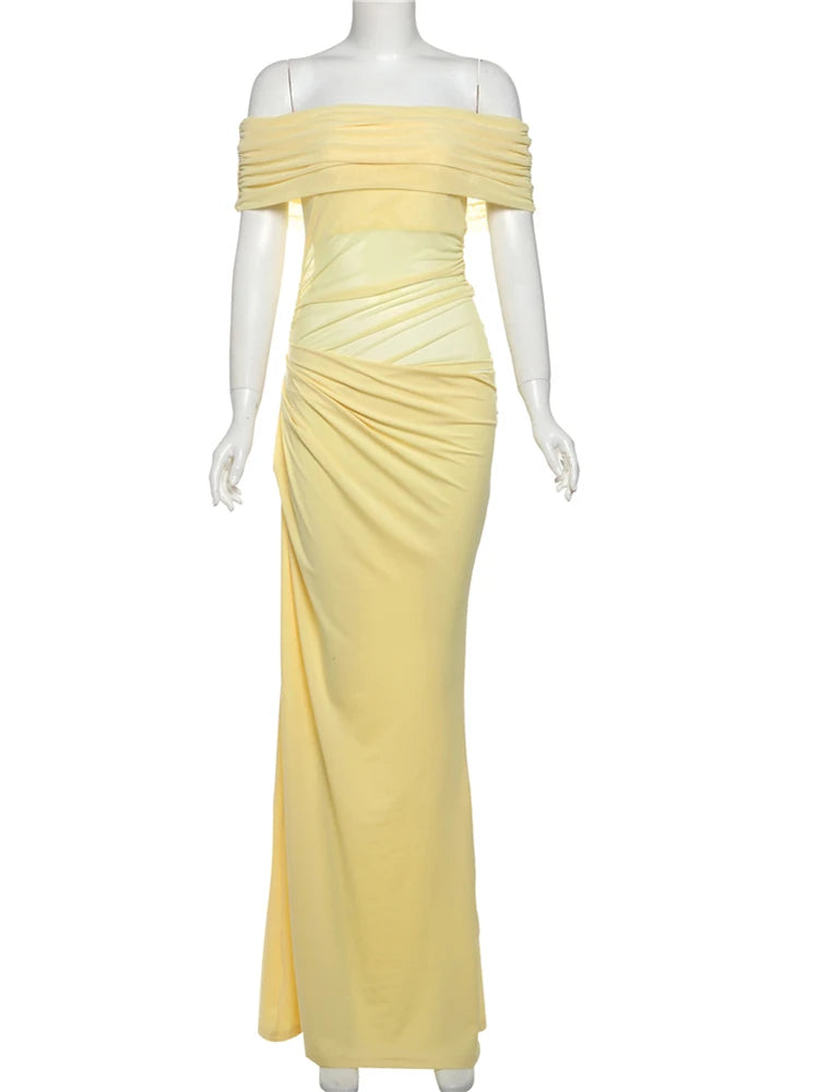 Women's Ruched Irregular Off-Shoulder Short Sleeve Slim Fit Long Dress Patchwork Slash Neck Casual Party Evening Formal Wedding Guest – Solène - Lolly 