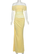 Women's Ruched Irregular Off-Shoulder Short Sleeve Slim Fit Long Dress Patchwork Slash Neck Casual Party Evening Formal Wedding Guest – Solène - Lolly 