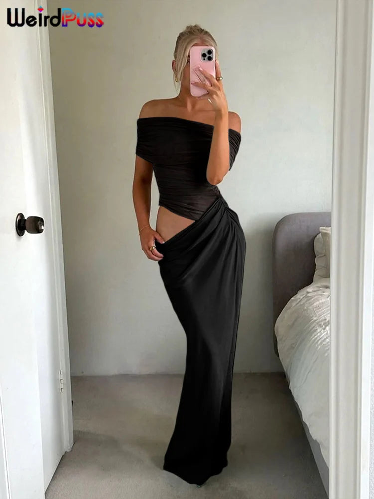 Women's Ruched Irregular Off-Shoulder Short Sleeve Slim Fit Long Dress Patchwork Slash Neck Casual Party Evening Formal Wedding Guest – Solène - Lolly 