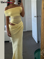 Women's Ruched Irregular Off-Shoulder Short Sleeve Slim Fit Long Dress Patchwork Slash Neck Casual Party Evening Formal Wedding Guest – Solène - Lolly 