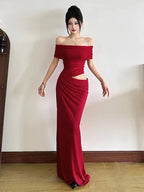 Women's Ruched Irregular Off-Shoulder Short Sleeve Slim Fit Long Dress Patchwork Slash Neck Casual Party Evening Formal Wedding Guest – Solène - Lolly 