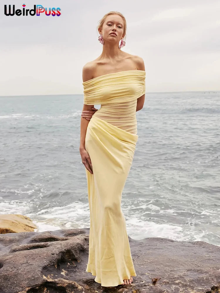 Women's Ruched Irregular Off-Shoulder Short Sleeve Slim Fit Long Dress Patchwork Slash Neck Casual Party Evening Formal Wedding Guest – Solène - Lolly 