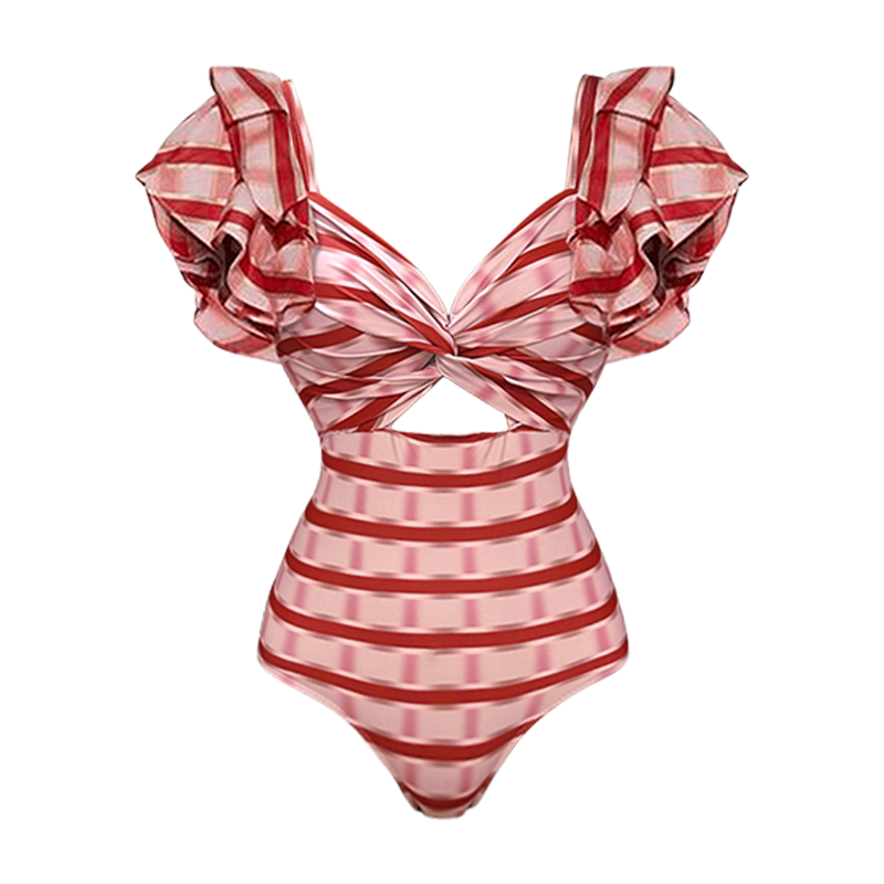 Women's Ruffle Cut-Out One-Piece Swimsuit & Long Skirt Set Red Striped Twist Front Beach Vacation Pool Party Summer Resort – Red & White - Lolly 