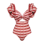 Women's Ruffle Cut-Out One-Piece Swimsuit & Long Skirt Set Red Striped Twist Front Beach Vacation Pool Party Summer Resort – Red & White - Lolly 