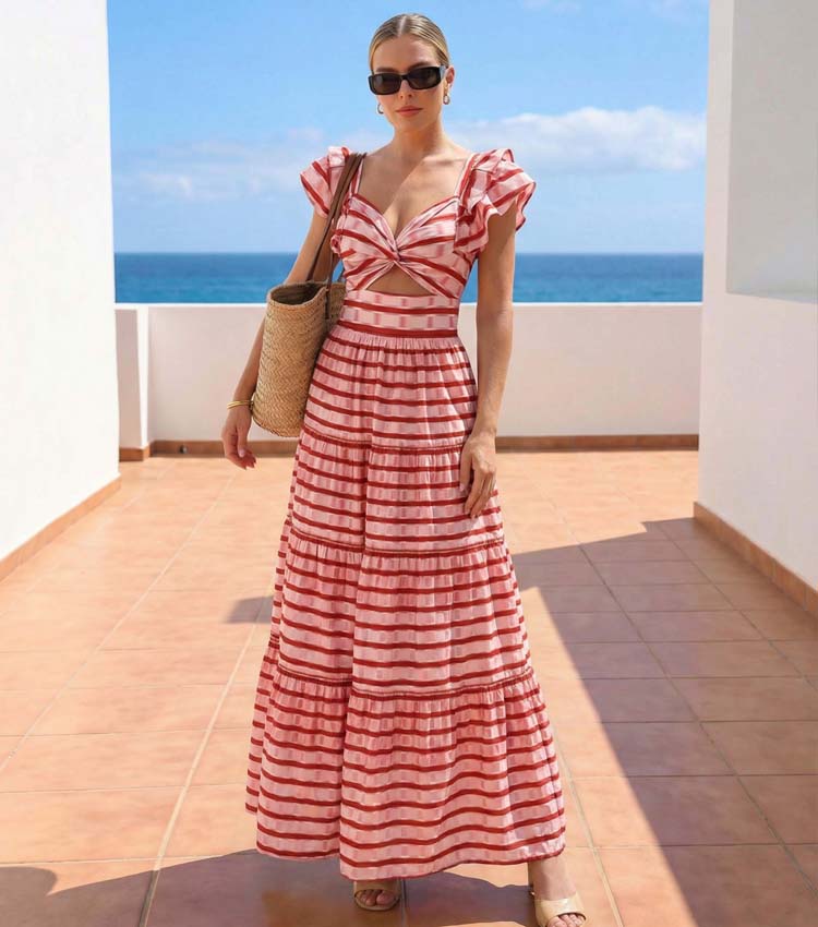 Women's Ruffle Cut-Out One-Piece Swimsuit & Long Skirt Set Red Striped Twist Front Beach Vacation Pool Party Summer Resort – Red & White - Lolly 