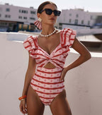 Women's Ruffle Cut-Out One-Piece Swimsuit & Long Skirt Set Red Striped Twist Front Beach Vacation Pool Party Summer Resort – Red & White - Lolly 