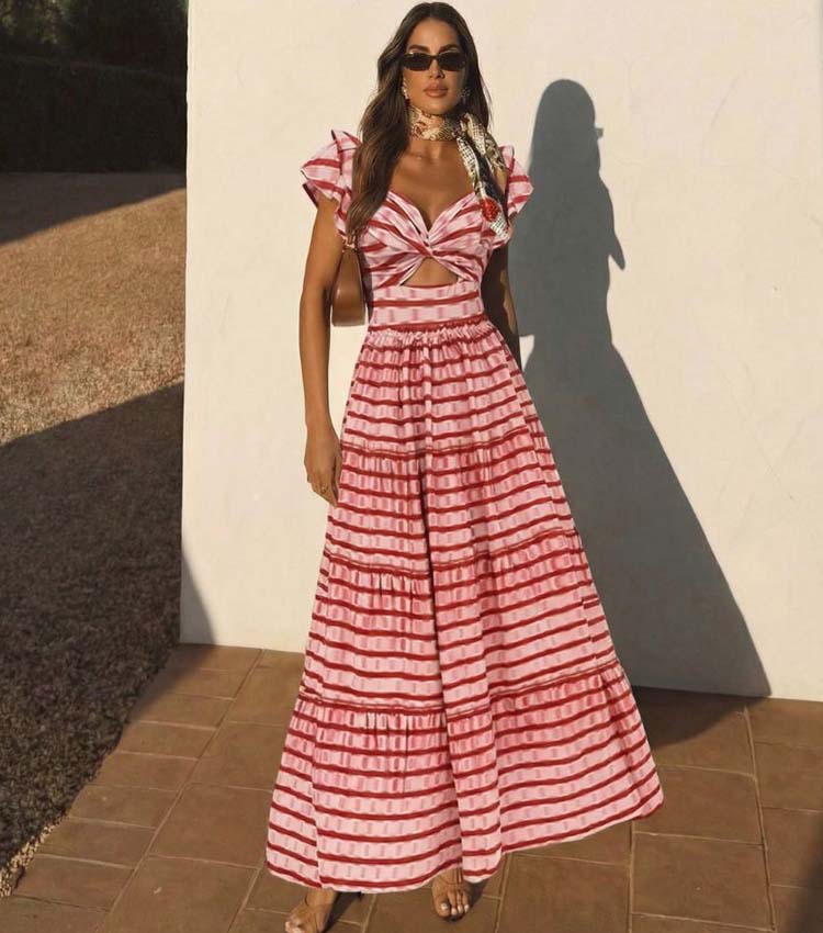 Women's Ruffle Cut-Out One-Piece Swimsuit & Long Skirt Set Red Striped Twist Front Beach Vacation Pool Party Summer Resort – Red & White - Lolly 