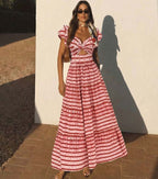 Women's Ruffle Cut-Out One-Piece Swimsuit & Long Skirt Set Red Striped Twist Front Beach Vacation Pool Party Summer Resort – Red & White - Lolly 