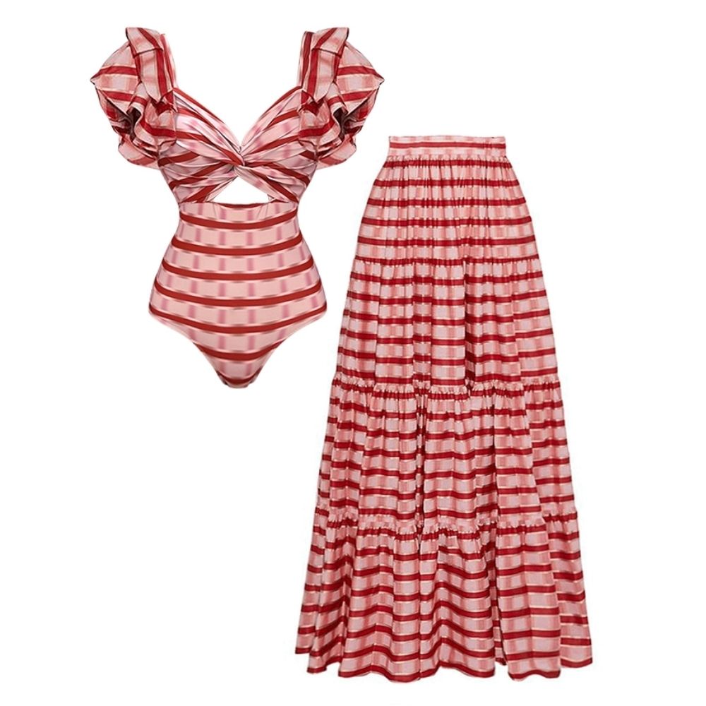 Women's Ruffle Cut-Out One-Piece Swimsuit & Long Skirt Set Red Striped Twist Front Beach Vacation Pool Party Summer Resort – Red & White - Lolly 