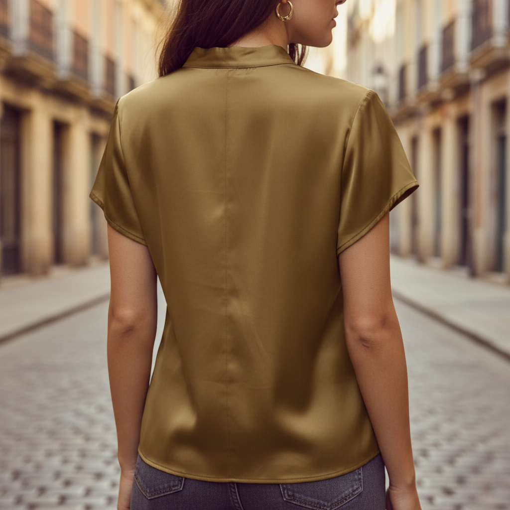 Women's Satin Cowl Neck Short Sleeve Blouse Elegant Casual Work Office Formal Evening Silky Top – Gold Navy Black - Lolly 