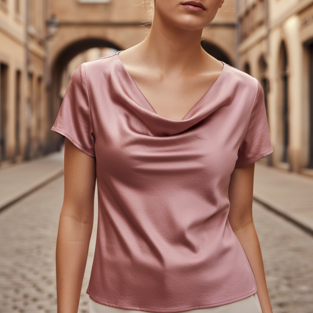 Women's Satin Cowl Neck Short Sleeve Blouse Elegant Casual Work Office Formal Evening Silky Top – Gold Navy Black - Lolly 