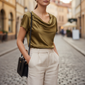 Women's Satin Cowl Neck Short Sleeve Blouse Elegant Casual Work Office Formal Evening Silky Top – Gold Navy Black - Lolly 