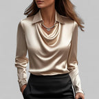 Women's Satin Draped Cowl Neck Long Sleeve Blouse Office Evening Elegant Silky Formal – Rose - Lolly 