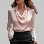 Women's Satin Draped Cowl Neck Long Sleeve Blouse Office Evening Elegant Silky Formal – Rose - Lolly 