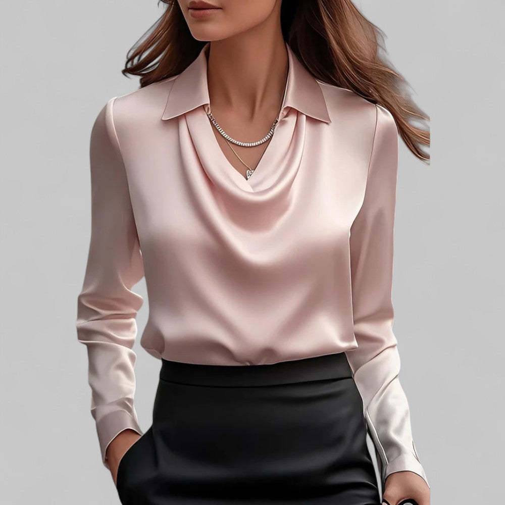 Women's Satin Draped Cowl Neck Long Sleeve Blouse Office Evening Elegant Silky Formal – Rose - Lolly 