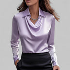 Women's Satin Draped Cowl Neck Long Sleeve Blouse Office Evening Elegant Silky Formal – Rose - Lolly 
