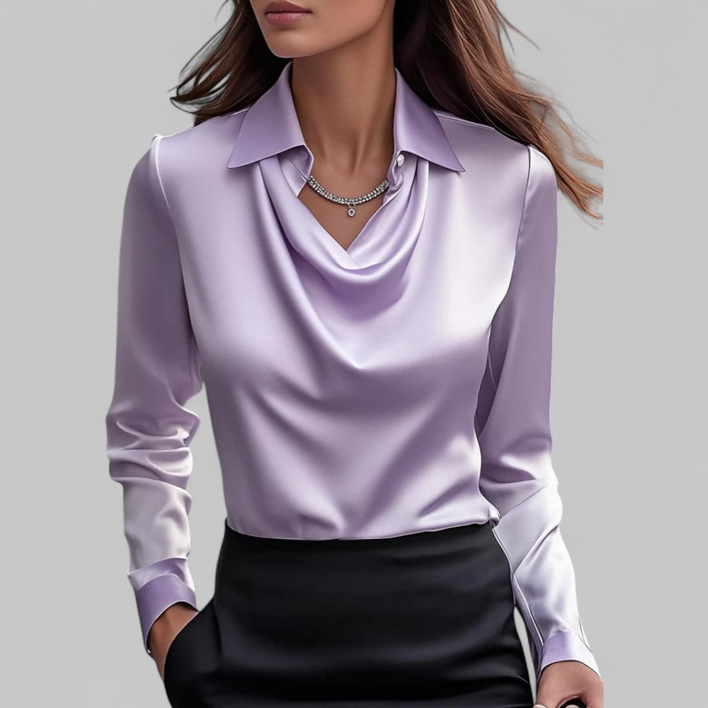 Women's Satin Draped Cowl Neck Long Sleeve Blouse Office Evening Elegant Silky Formal – Rose - Lolly 