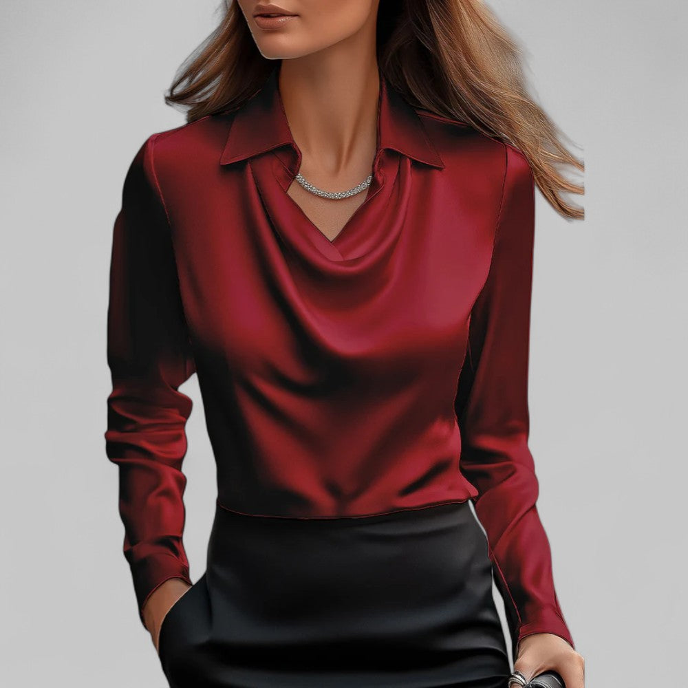 Women's Satin Draped Cowl Neck Long Sleeve Blouse Office Evening Elegant Silky Formal – Rose - Lolly 