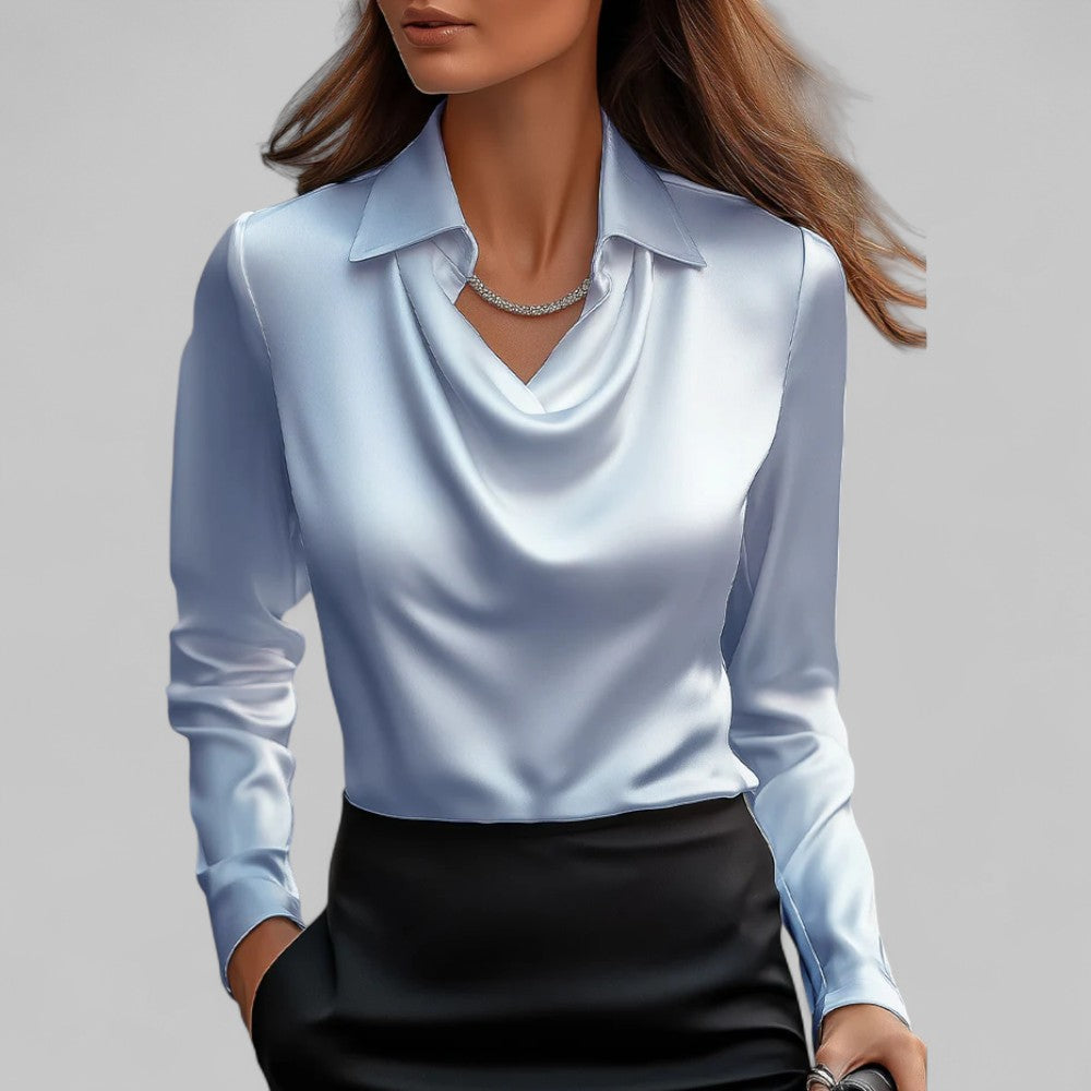 Women's Satin Draped Cowl Neck Long Sleeve Blouse Office Evening Elegant Silky Formal – Rose - Lolly 