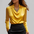 Women's Satin Draped Cowl Neck Long Sleeve Blouse Office Evening Elegant Silky Formal – Rose - Lolly 