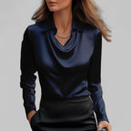 Women's Satin Draped Cowl Neck Long Sleeve Blouse Office Evening Elegant Silky Formal – Rose - Lolly 